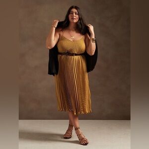 NWOT Banana Republic Satin Pleated Midi Dress | Gold Ochre | XL